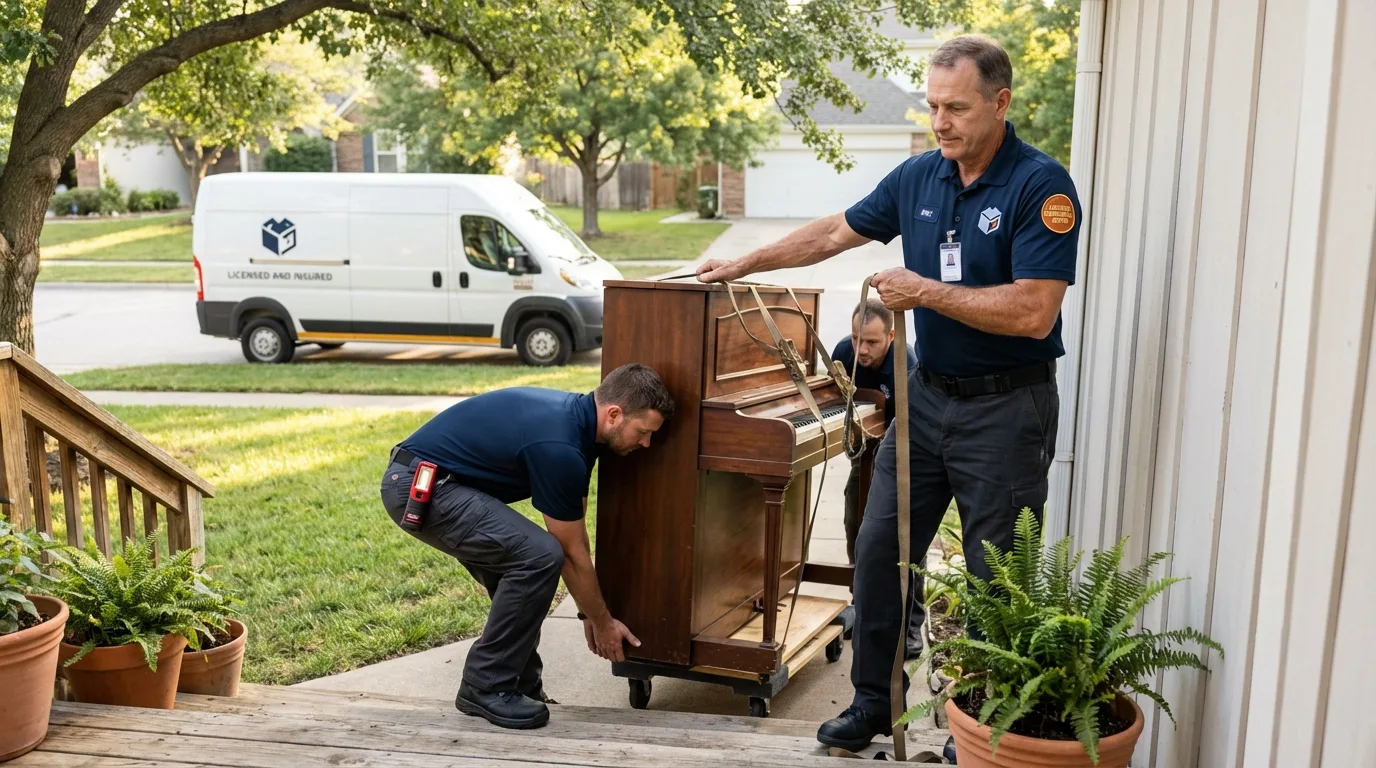 Licensed piano movers securing grand piano in Portland, CT