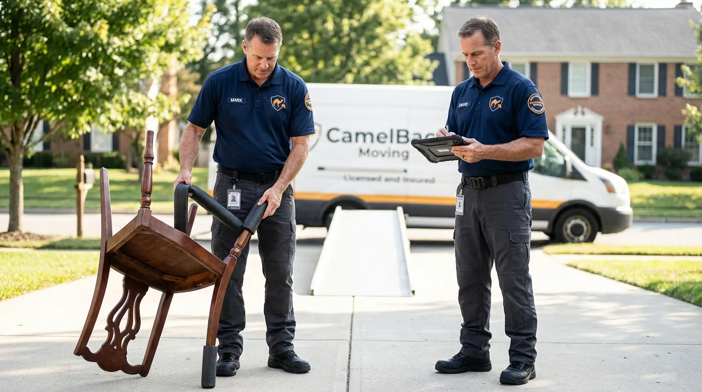 Movers inspecting furniture for damage prevention before loading in Portland, CT
