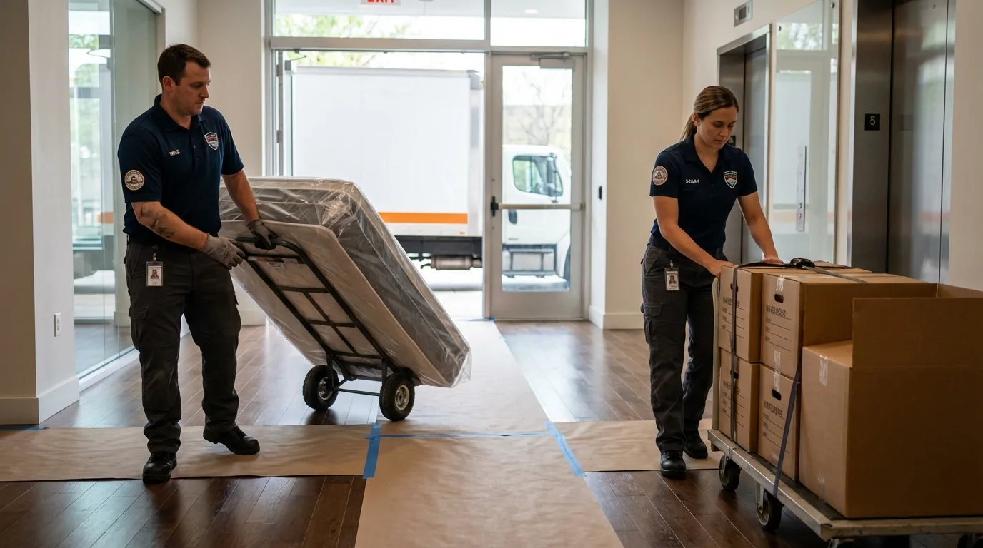 Professional apartment movers loading elevator in Portland, CT